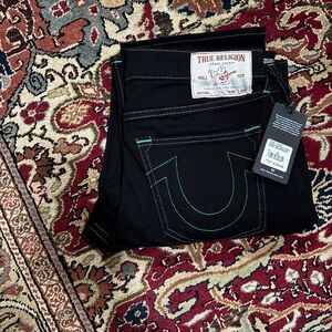 True Religion Black Rinse Jeans with Green Accents
